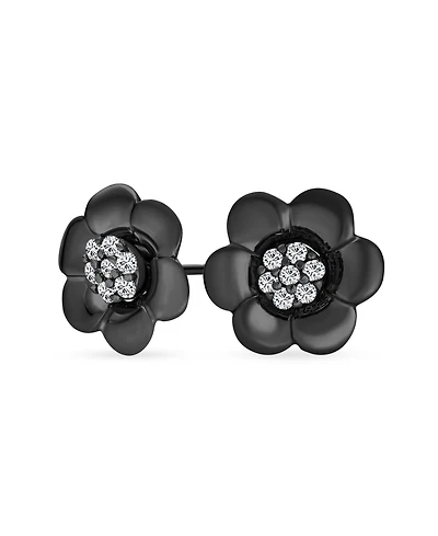 Bling Jewelry 2 In 1 Removable Jackets Simple Danity Pave Cz Stud Center with Petal Flower Jacket Rose Stud Earrings Black Plated Sterling Silver