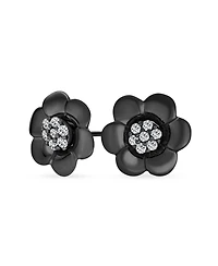Bling Jewelry 2 In 1 Removable Jackets Simple Danity Pave Cz Stud Center with Petal Flower Jacket Rose Stud Earrings Black Plated Sterling Silver