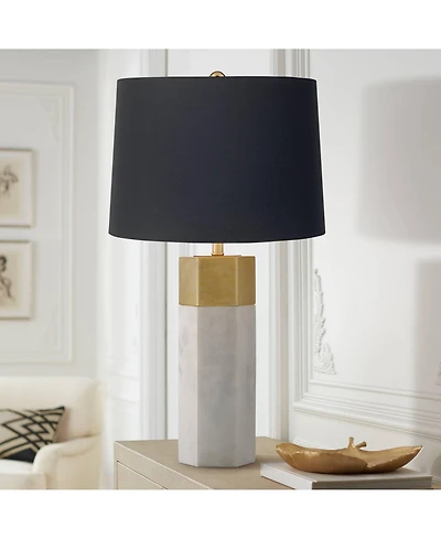 Possini Euro Design Leala Modern Accent Table Lamp 21" High Faux Marble Gold Metal Black Drum Shade for Bedroom Living Room Bedside Nightstand Of