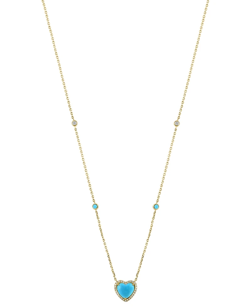 Effy Turquoise & Diamond (1/6 ct. t.w.) Heart Halo Pendant Necklace in 14k Gold, 16" + 2" extender