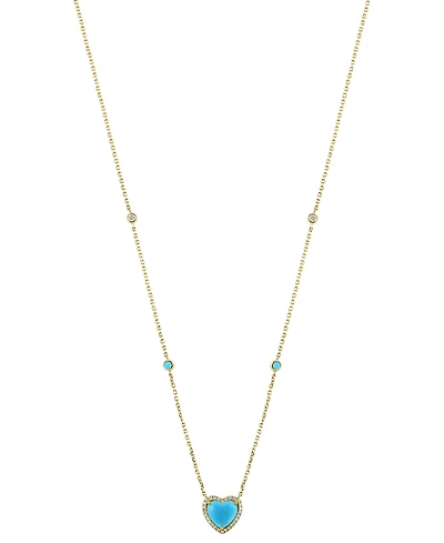 Effy Turquoise & Diamond (1/6 ct. t.w.) Heart Halo Pendant Necklace in 14k Gold, 16" + 2" extender