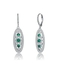 Sterling Silver White Gold Plated with Colored Cubic Zirconia Oval Drop Earrings