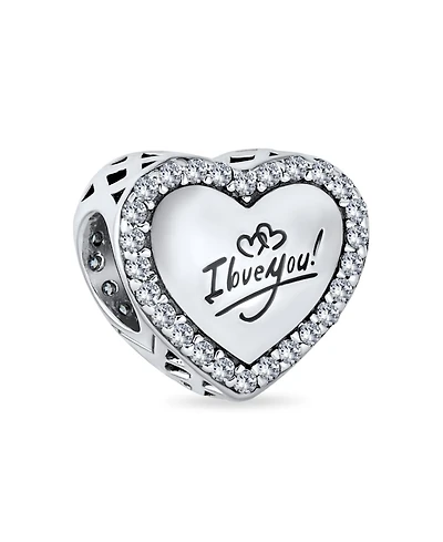 Bling Jewelry Valentine Words "I Love You" Crystal Accent Edge Love Heart Shape Charm Bead Oxidized Sterling Silver Fits European Bracelet