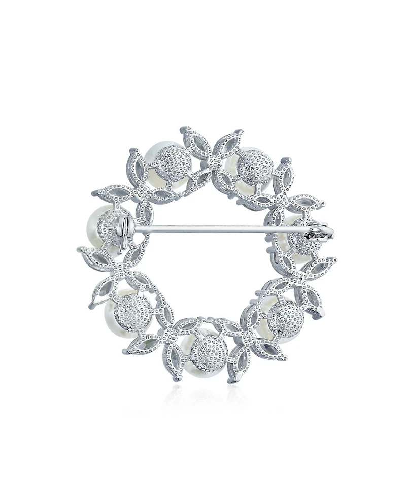 Bling Jewelry Elegant Holiday Marquise Cz Cubic Zirconia Round 8MM White Simulated Pearl Wreath Circle Scarf Brooch Pin