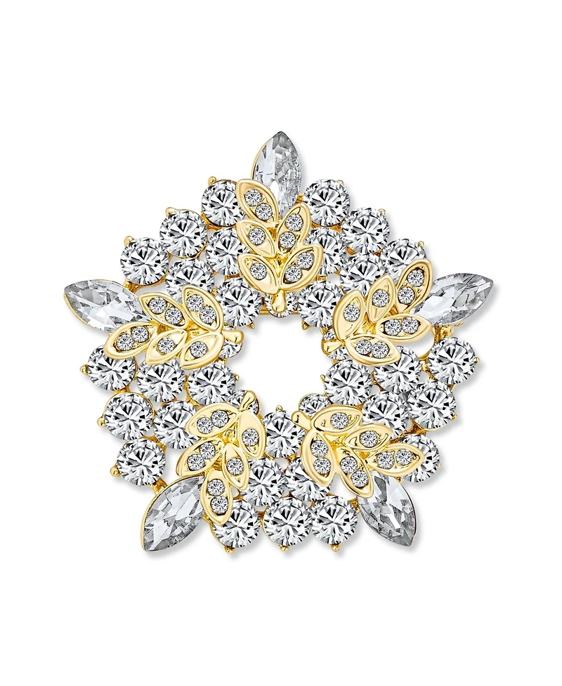 Bling Jewelry Large Two Tone Golden Crystal Fashion Holiday Circle Wreath Scarf Brooch Pin Gold Silver Plated