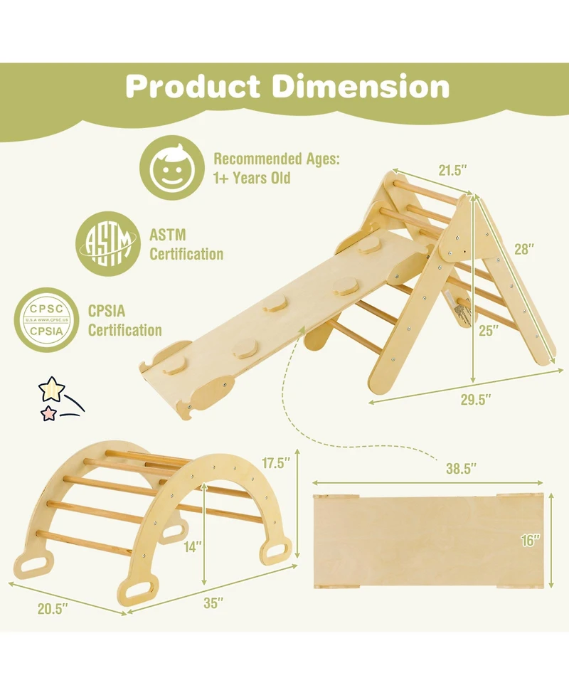2-in-1 Wooden Kids Climber Toys with Triangle Arch Ramp