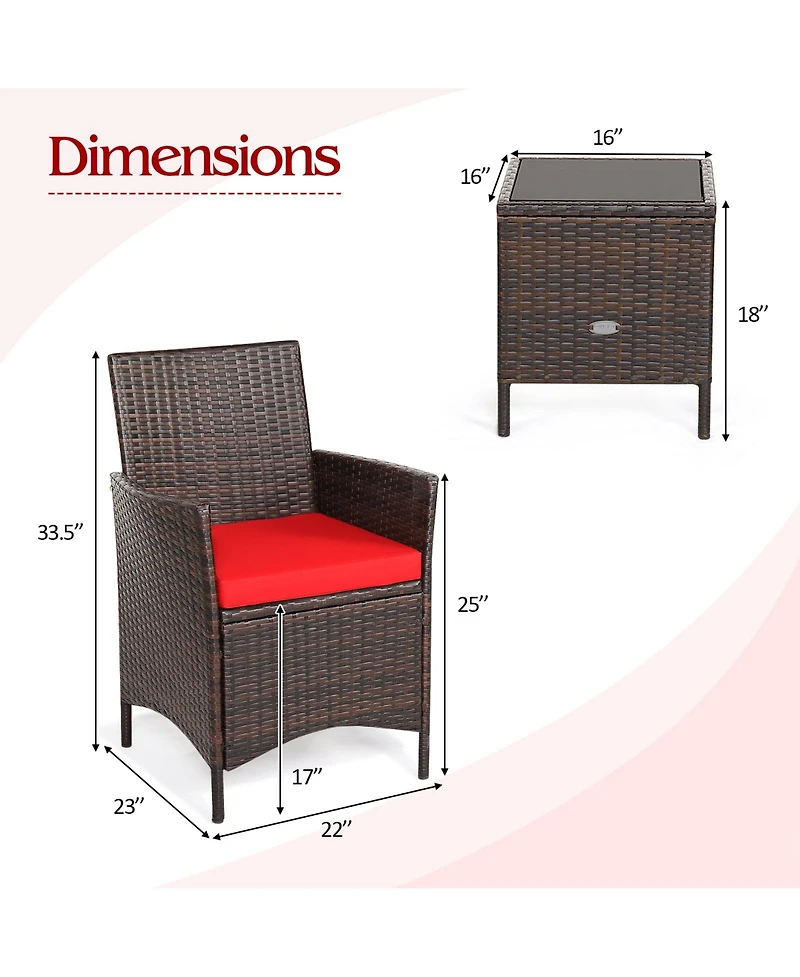 3 Pieces Patio Cushioned Rattan Conversation Set With Glass Table Top
