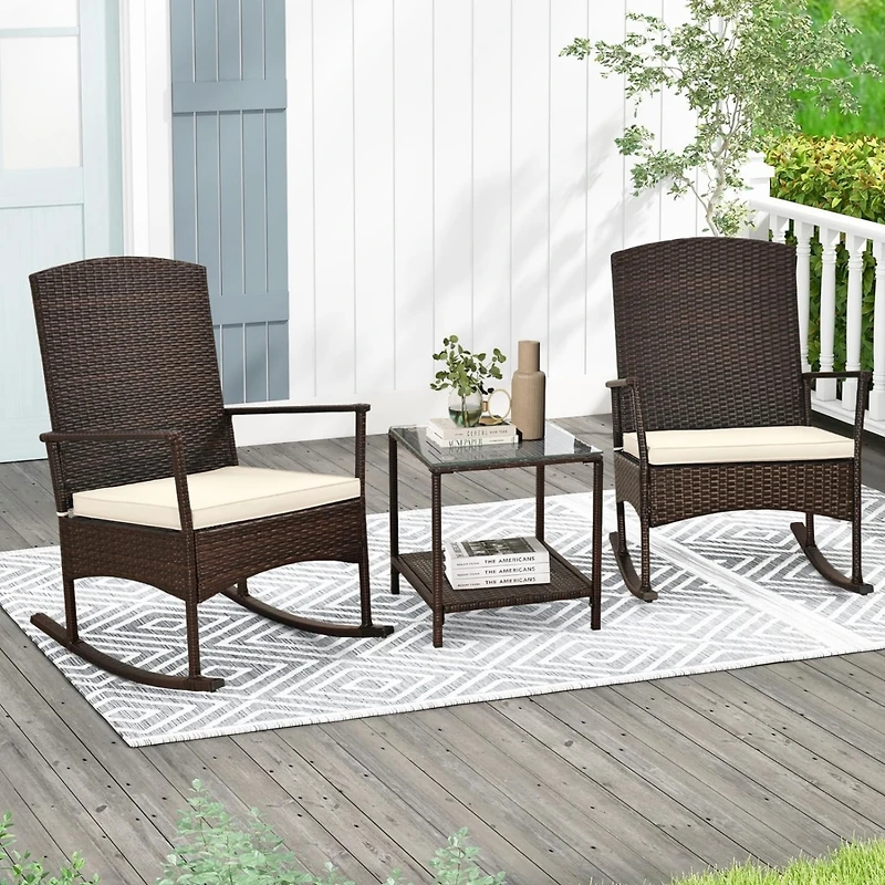 Sugift 3 Piece Patio Rocking Set Wicker Rocking Chairs with 2-Tier Coffee Table