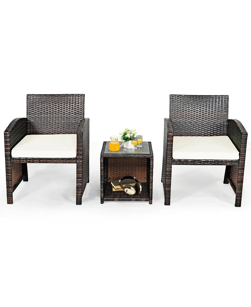 3 Pieces Pe Rattan Wicker Furniture Set with Cushion Sofa Coffee Table for Garden