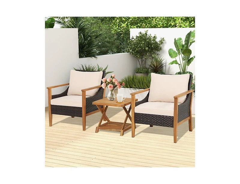 Inolait 3 Pieces Patio Wicker Furniture Set with 2-Tier Side Table and Cushioned Armchairs