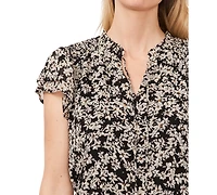 CeCe Women's Floral Clip-Dot Tie-Neck Flutter-Sleeve Top