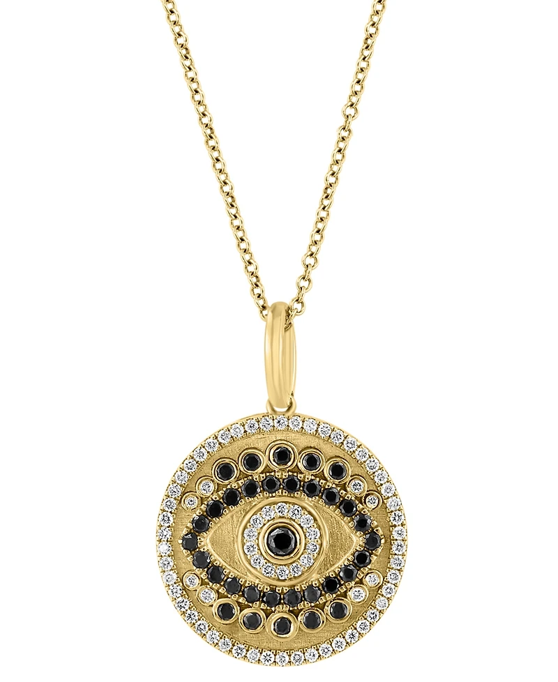 Effy Black Diamond (3/8 ct. t.w.) & White Diamond Evil Eye Disc (1/4 ct. t.w.) 18" Pendant Necklace in 14k Gold