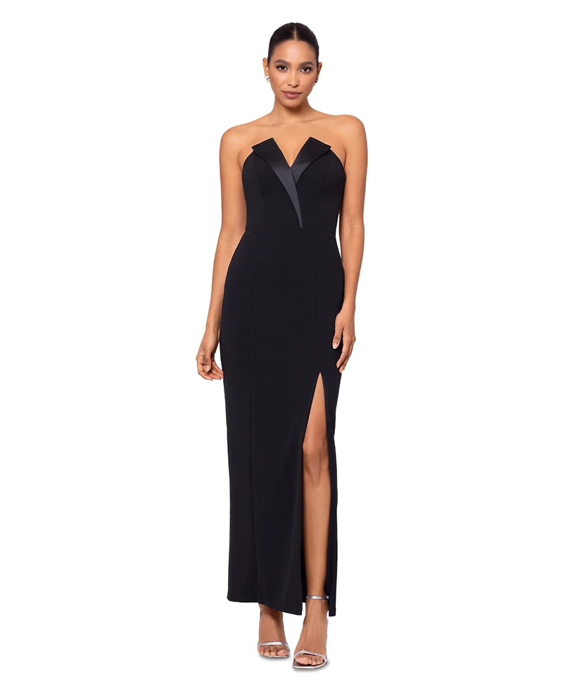 Betsy & Adam Petite Tuxedo-Neck Strapless Gown
