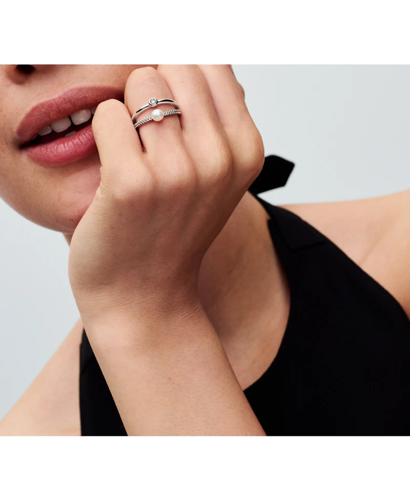 Pandora Sterling Silver Timeless Treated Freshwater Cultured Pearl Pave Double Band Ring