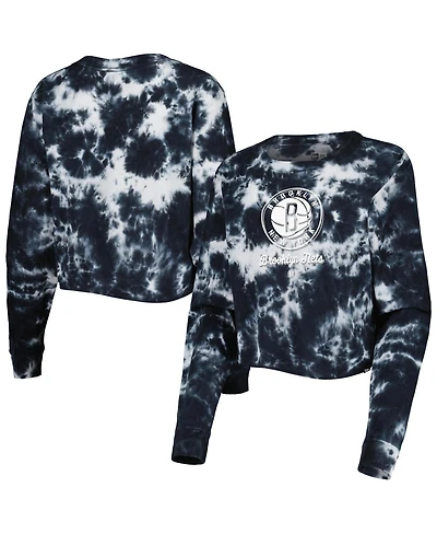 Women's New Era Black Brooklyn Nets Tie Dye Cropped Long Sleeve T-shirt