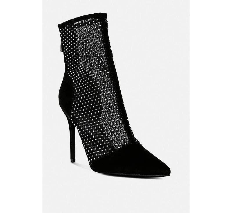 Womens jazz rhinestone embellished mesh stiletto boots