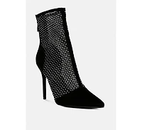 Womens jazz rhinestone embellished mesh stiletto boots