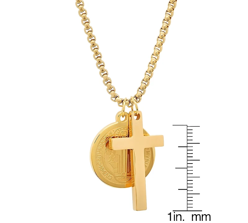 Steeltime Men's Stainless Steel Cross and St. Benedict Religious 24" Pendant Necklace