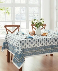 Tropez Block Print Stain Water Resistant Indoor and Outdoor Tablecloth, 60" x 144" Rectangle