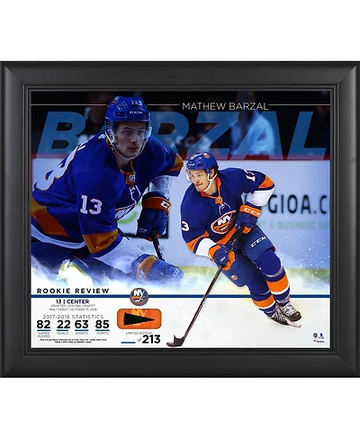Mathew Barzal New York Islanders Framed 15" x 17" Rookie Review Collage with Piece of Game-Used Puck - Limited Edition of 213