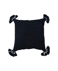Newport Onyx Textured Throw Pillow Black Solid Color With Tassels Luxury Decorative Accent Covers For Couch And Bed