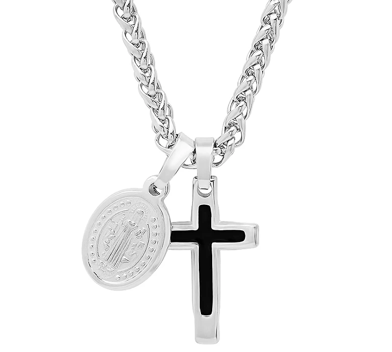 Steeltime Men's Cross & St. Benedict Pendant Necklace, 24"