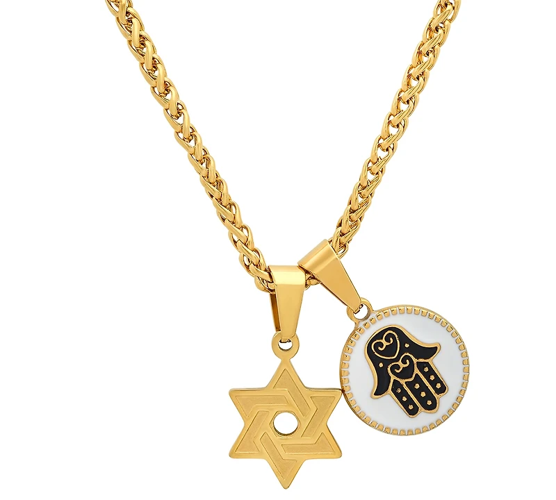 Steeltime Men's 18K Gold Plated Star of David & Hamsa Round Pendant Necklace, 24"