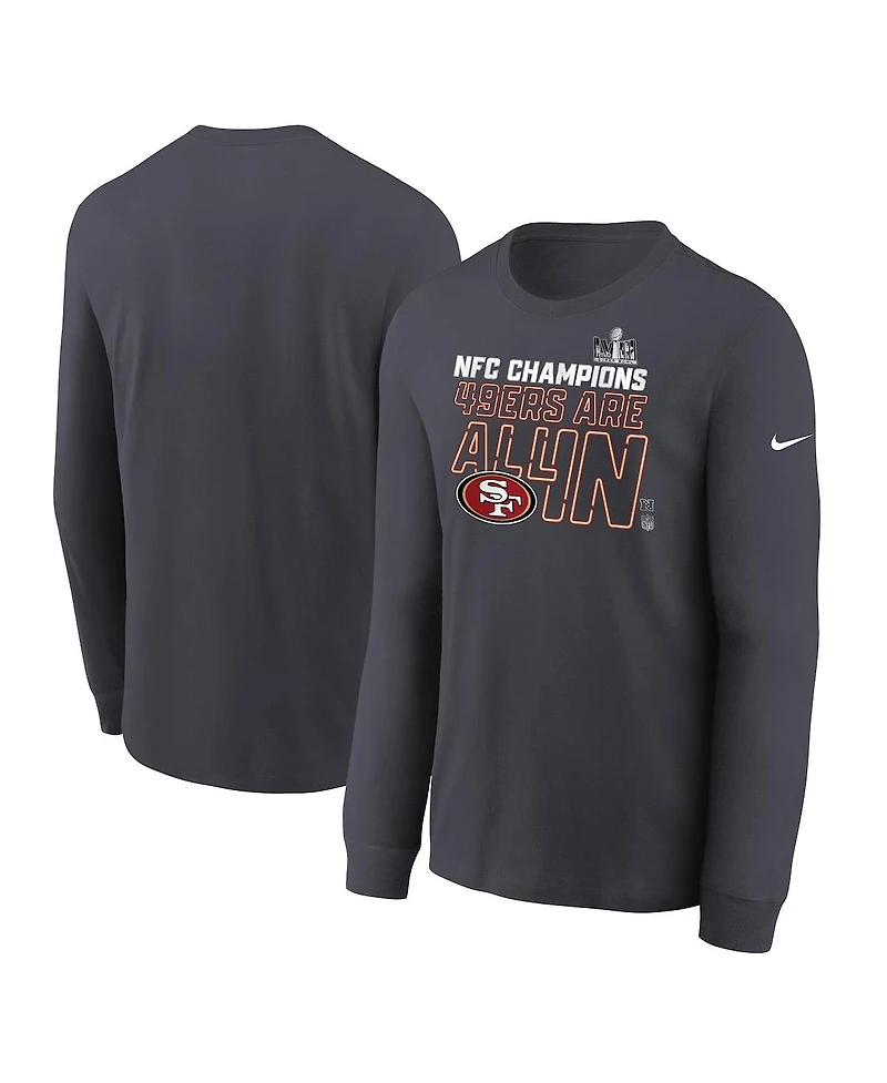 Big Boys Nike Anthracite San Francisco 49ers 2023 Nfc Champions Locker Room Trophy Collection Long Sleeve T-shirt
