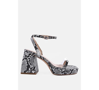 Womens Such Flirt Snake Print Triangular Block Heel Sandals