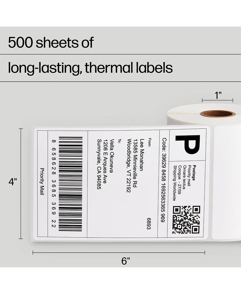 Hp 4x6” Direct Thermal Shipping Labels, 2 Rolls (500 Labels)