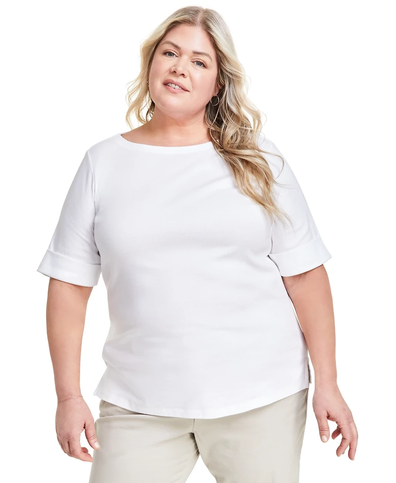Style & Co Plus Boat-Neck Elbow Sleeve Cotton Top, Exclusively at Macy's