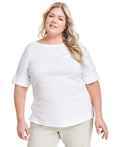 Style & Co Plus Boat-Neck Elbow Sleeve Cotton Top, Exclusively at Macy's