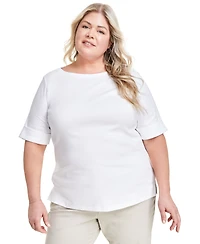 Style & Co Plus Boat-Neck Elbow Sleeve Cotton Top, Exclusively at Macy's