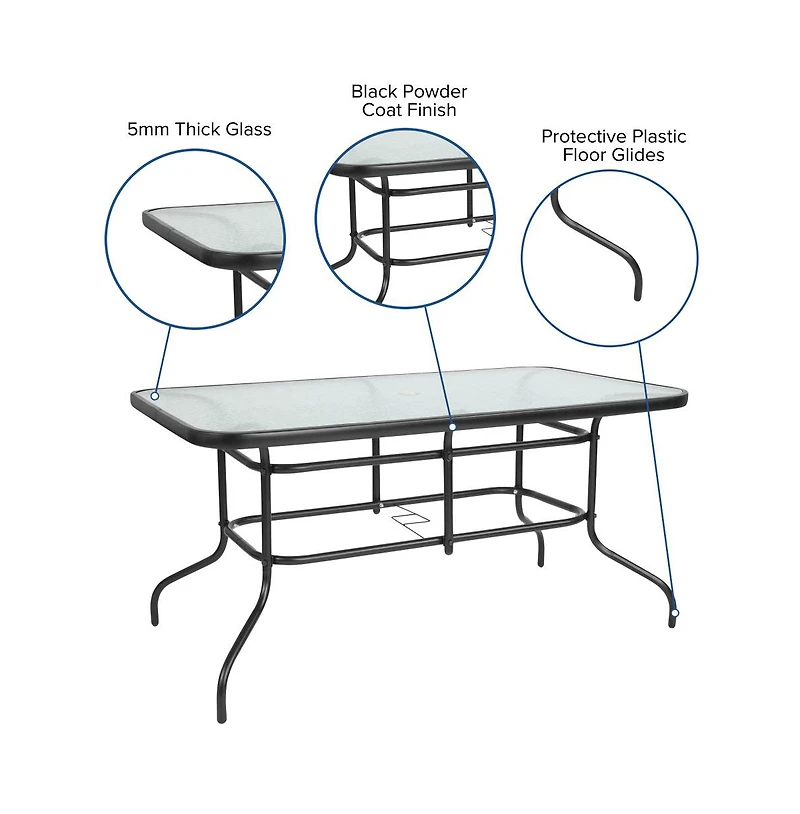 Five Piece Patio Table Set With Metal Table With Tempered Glass Top And 4 Flex Comfort Stacking Chairs