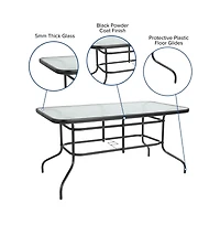 Five Piece Patio Table Set With Metal Table With Tempered Glass Top And 4 Flex Comfort Stacking Chairs