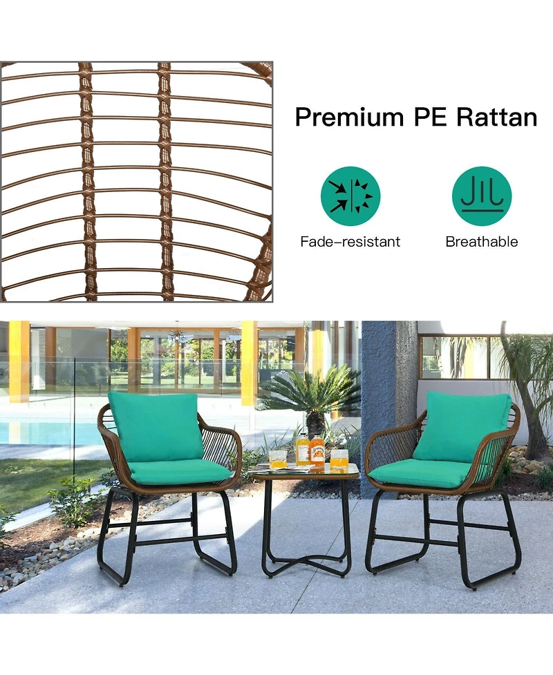 3 Pieces Patio Rattan Bistro Set with Cushions and Glass Table