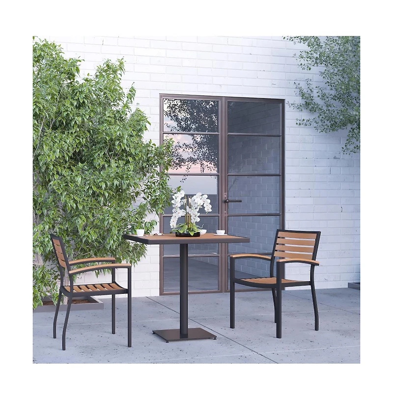 Set Of Two Aluminum Stacking Chairs With Faux Teak Slatted Back And Seat And Faux Teak Accented Arms