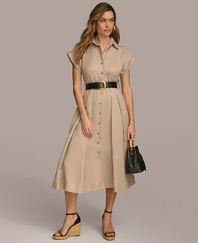 Donna Karan New York Women's Button-Front Short-Sleeve Midi Belted Dress