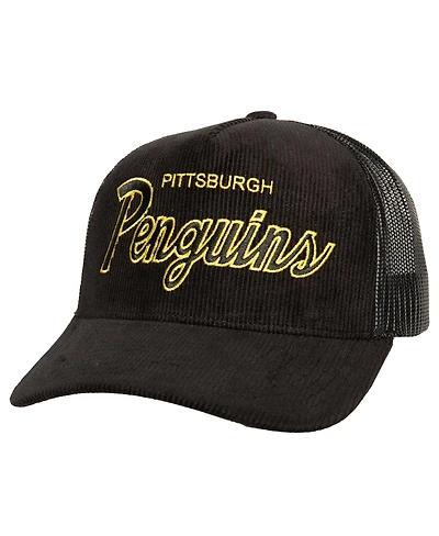 Men's Mitchell & Ness Black Pittsburgh Penguins Times Up Classic Script Cord Trucker Adjustable Hat