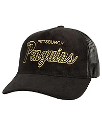 Men's Mitchell & Ness Black Pittsburgh Penguins Times Up Classic Script Cord Trucker Adjustable Hat