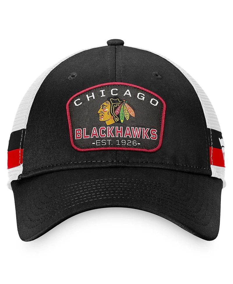 Men's Fanatics Black, White Chicago Blackhawks Fundamental Striped Trucker Adjustable Hat