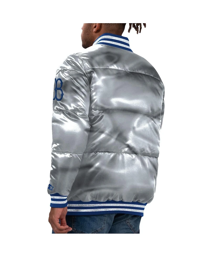 Men's Starter Silver Brooklyn Dodgers Cooperstown Collection Bronx Satin Full-Snap Bomber Jacket