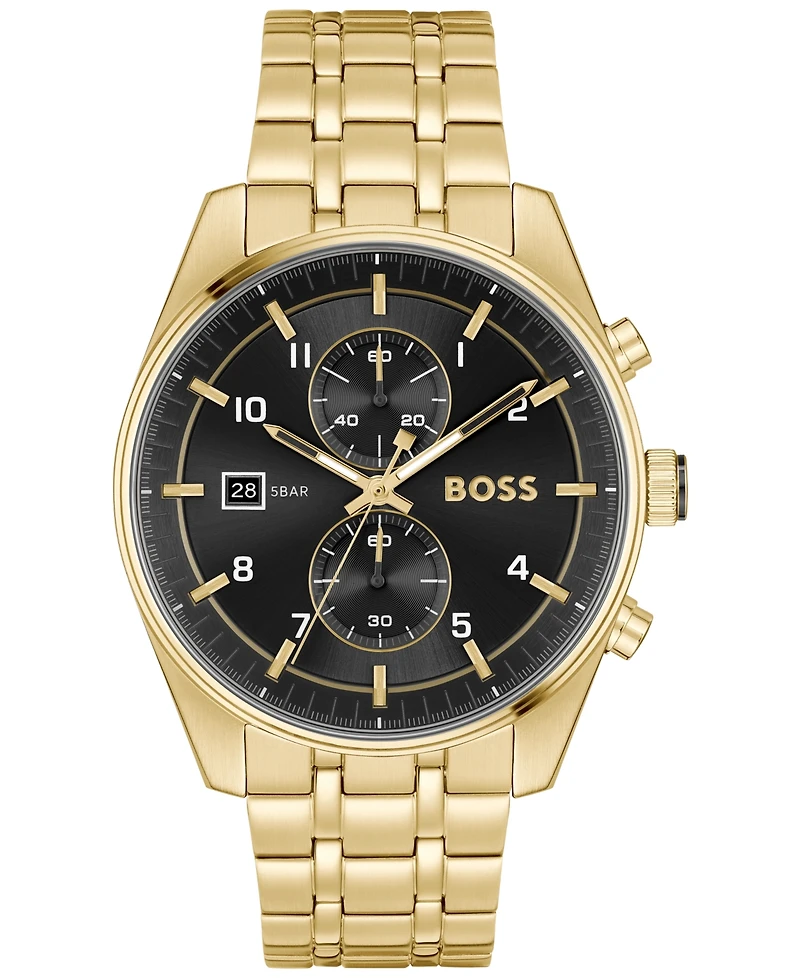 Hugo Boss Men's Skytraveller Quartz Fashion Chrono Ionic Plated Thin Gold-Tone Steel Watch 44mm