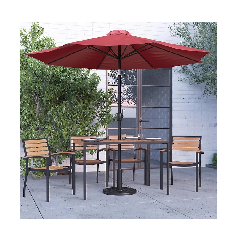 Chara 7 Piece Dining Set With Umbrella & Base - Steel Framed Table Hole 4 Club Chairs
