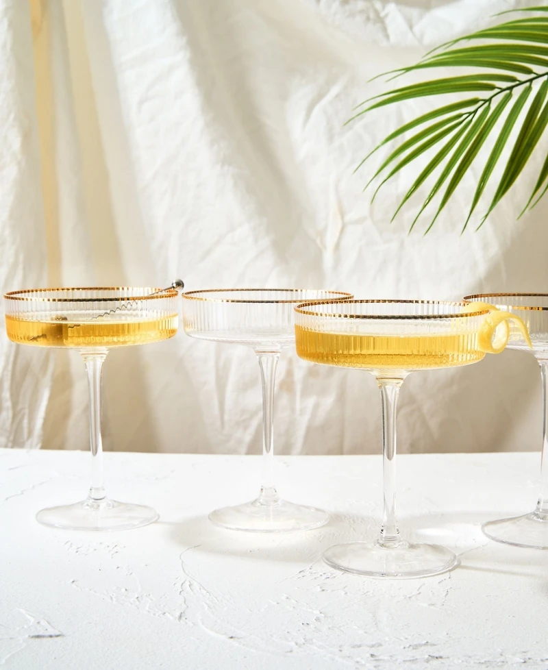 The Wine Savant Ribbed Art Deco Gilded Crystal Martini & Champagne Coupe Glasses, Set of 4