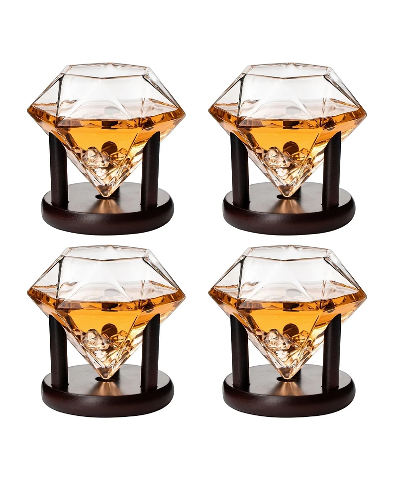 The Wine Savant Diamond Glasses Wood Stands, Set of 4 10 oz