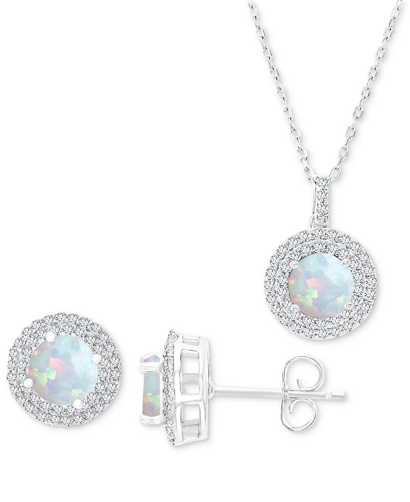 2-Pc. Set Lab-Grown Opal (1-1/10 ct. t.w.) & Lab-Grown White Sapphire (1 ct. t.w.) Halo Pendant Necklace & Matching Stud Earrings in Sterling Silver