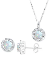 2-Pc. Set Lab-Grown Opal (1-1/10 ct. t.w.) & Lab-Grown White Sapphire (1 ct. t.w.) Halo Pendant Necklace & Matching Stud Earrings in Sterling Silver
