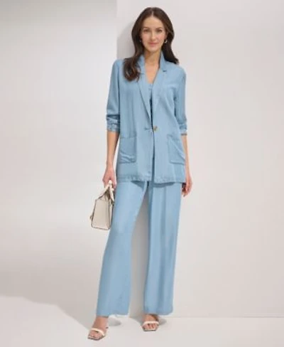 Dkny Womens One Button Long Sleeve Jacket Zip Front Puff Sleeve Blouse Chambray Wide Leg Pants