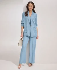Dkny Womens One Button Long Sleeve Jacket Zip Front Puff Sleeve Blouse Chambray Wide Leg Pants